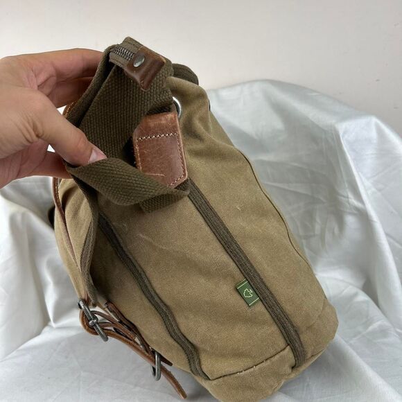 TSD BRAND Forest Canvas Messenger Bag Khaki with leather straps - Picture 4 of 8